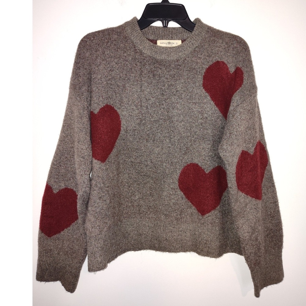 Natural Life Heart Intarsia Knit Sweater Brown Red Crewneck Pullover Small